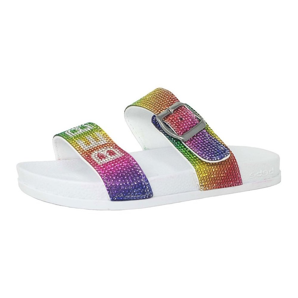 bebe girls White Rainbow Rhinestone Buckle Logo Slide - Girls